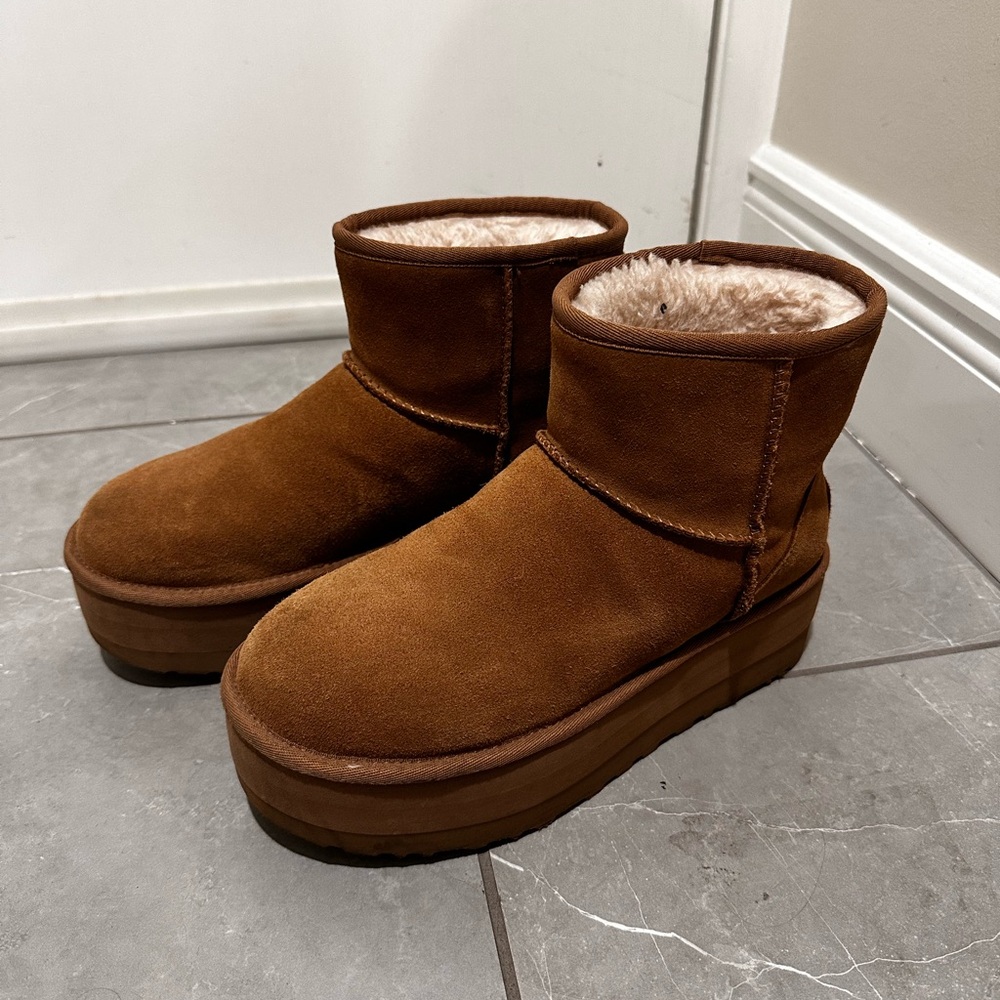 UGG Chestnut Suede Shearling-Lined Platform Ankle Boots